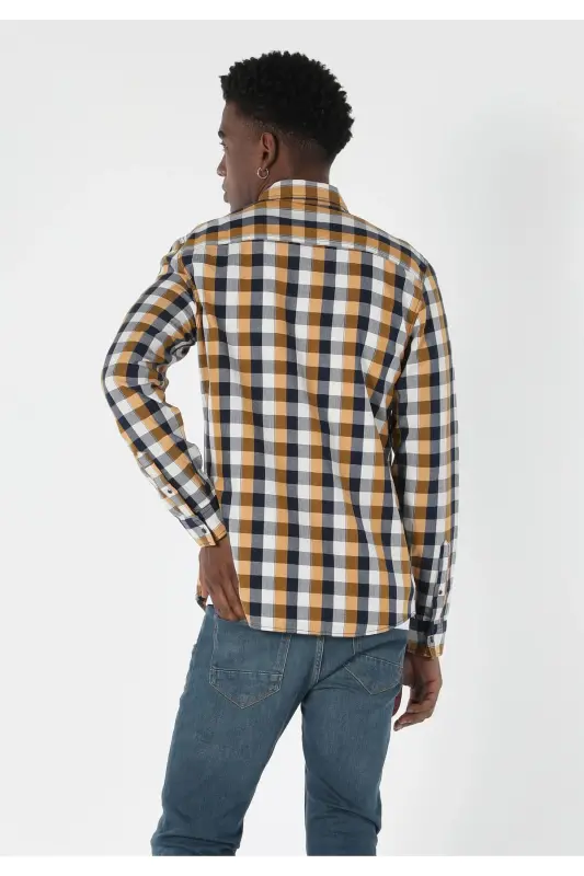 Slim Fit, yellow plaid, long sleeve men's shirt. - 2