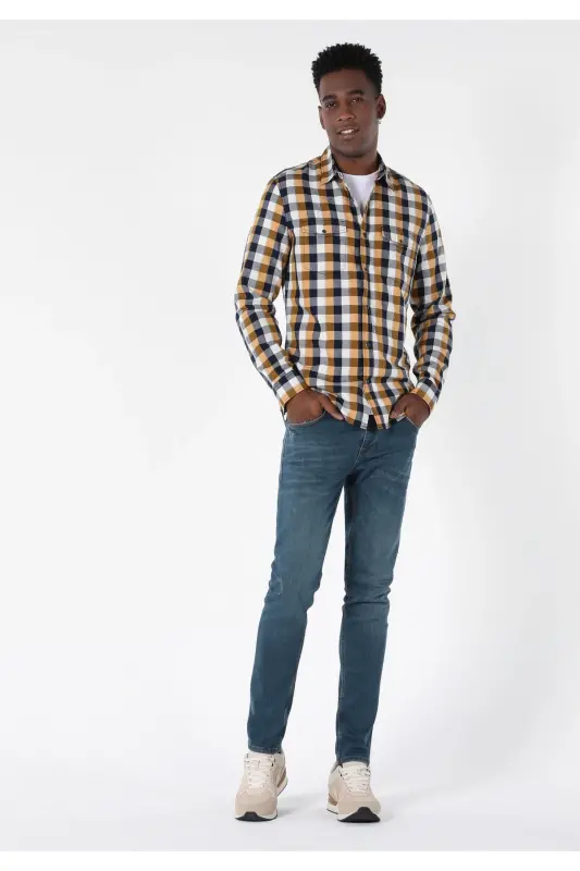 Slim Fit, yellow plaid, long sleeve men's shirt. - 3