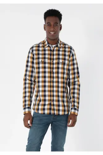 Slim Fit, yellow plaid, long sleeve men's shirt. - 4