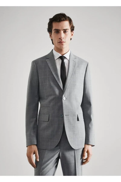 Slim Fit Yün Kareli Amerikan Blazer - 1