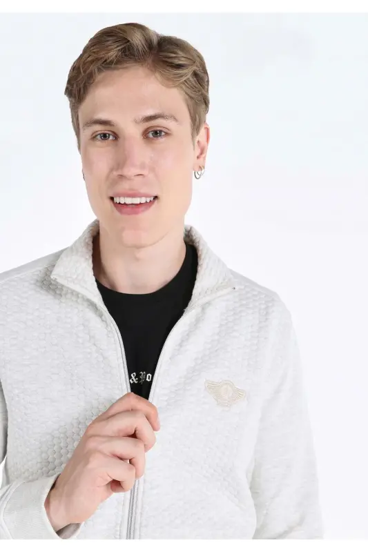 Slim Fit Zip-Up Ecru Men's Jacket - 4