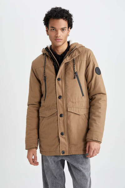 Slim Fit Zippered Hooded Quilted Lining Parka Coat Light Coffee - 3