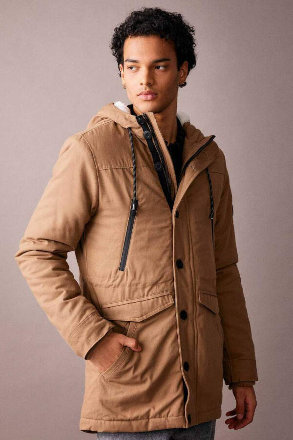 Slim Fit Zippered Hooded Quilted Lining Parka Coat Light Coffee - 10