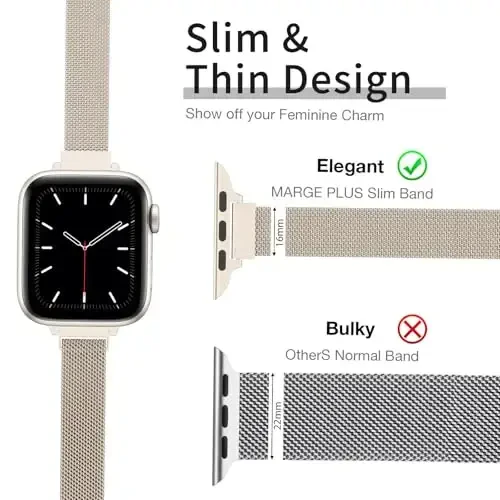 Slim Milanese Loop band compatible with Apple Watch for women, 40mm, 41mm, 38mm, 42mm, 44mm, 45mm, 46mm. Stainless steel magnetic mesh strap works on iWatch Series 10, 9, 8, 7, 6, 5, 4, 3, 2, 1, SE. 