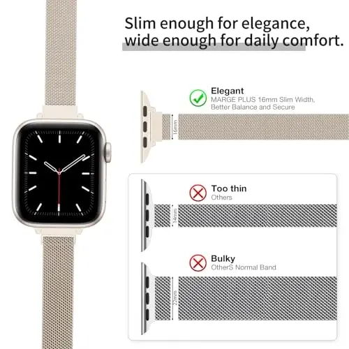 Slim Milanese Loop band compatible with Apple Watch for women, 40mm, 41mm, 38mm, 42mm, 44mm, 45mm, 46mm. Stainless steel magnetic mesh strap works on iWatch Series 10, 9, 8, 7, 6, 5, 4, 3, 2, 1, SE. 