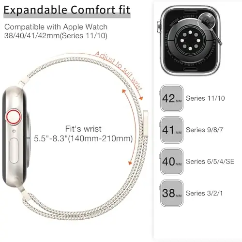 Slim Milanese Loop band compatible with Apple Watch for women, 40mm, 41mm, 38mm, 42mm, 44mm, 45mm, 46mm. Stainless steel magnetic mesh strap works on iWatch Series 10, 9, 8, 7, 6, 5, 4, 3, 2, 1, SE. - 2
