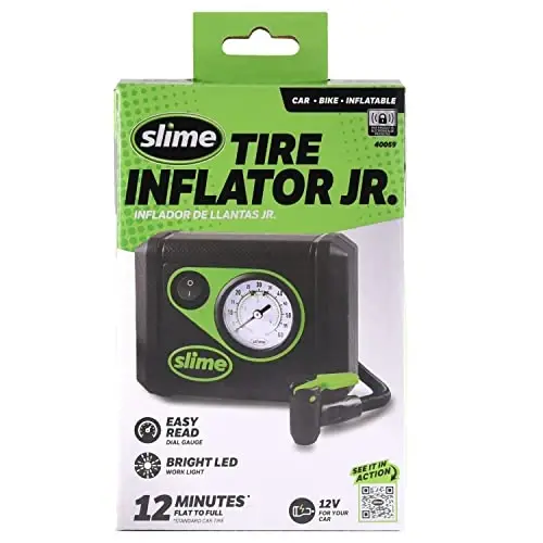 Slime 40059 Tire Inflator, Junior, Compact, Powerful, Portable Car Air Compressor, Lightweight, Analog, Flat Tire Repair, 12V, 12 min Inflation - 2
