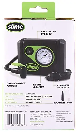 Slime 40059 Tire Inflator, Junior, Compact, Powerful, Portable Car Air Compressor, Lightweight, Analog, Flat Tire Repair, 12V, 12 min Inflation - 3