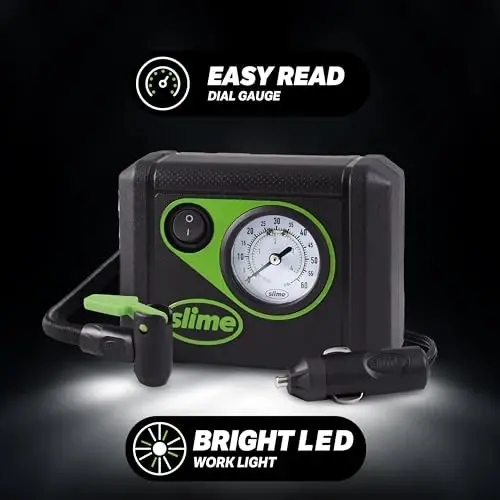 Slime 40059 Tire Inflator, Junior, Compact, Powerful, Portable Car Air Compressor, Lightweight, Analog, Flat Tire Repair, 12V, 12 min Inflation - 5