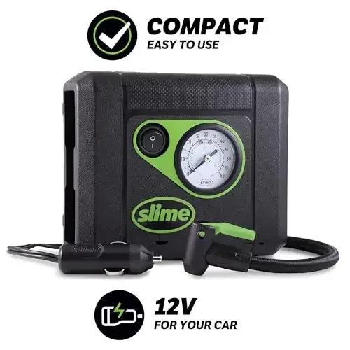 Slime 40060 Насос для шин, компактный, переносной автомобильный воздушный компрессор, аналоговый, шланг для быстрого соединения, ремонт проколов шин, 12 В, 10 минут накачивания Черный - 4