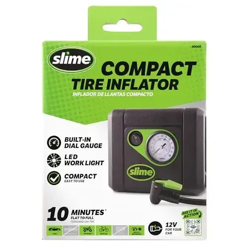 Slime 40060 Tire Inflator, Compact, Portable Car Air Compressor, Analog, Quick Connect Air Hose, Flat Tire Puncture Repair, 12V, 10 min inflation Black - Slime (1)