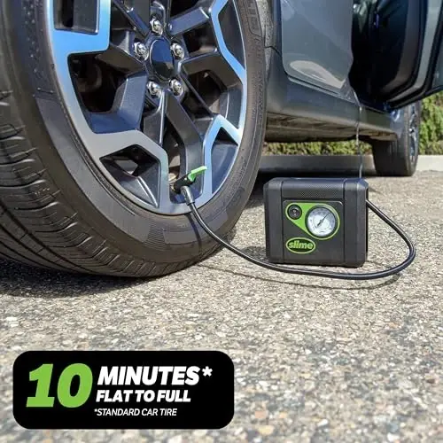 Slime 40060 Tire Inflator, Compact, Portable Car Air Compressor, Analog, Quick Connect Air Hose, Flat Tire Puncture Repair, 12V, 10 min inflation Black - 3
