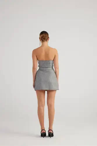 Slit Asymmetric Waist Glitter Striped Eden Mini Skirt Grey - 1