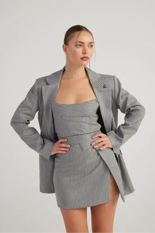 Slit Asymmetric Waist Glitter Striped Eden Mini Skirt Grey - 3