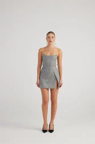 Slit Asymmetric Waist Glitter Striped Eden Mini Skirt Grey - 4