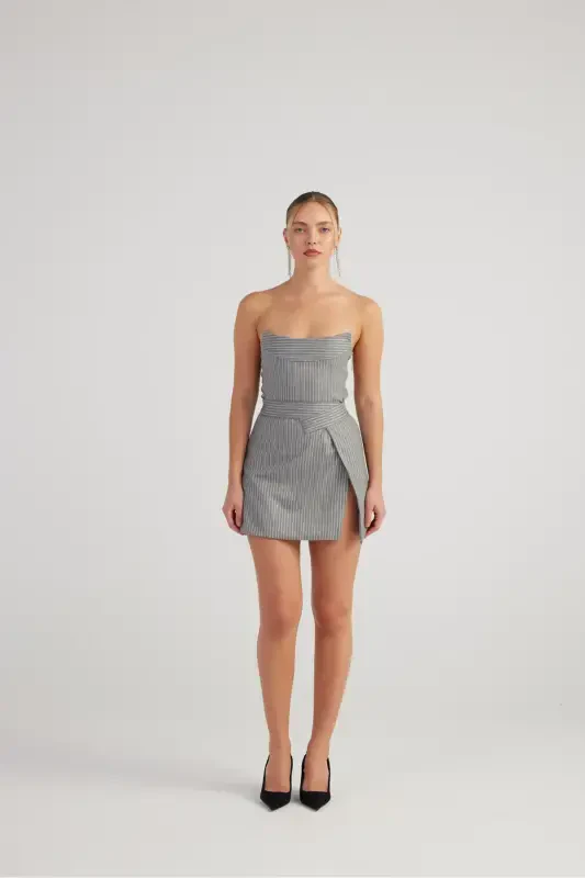 Slit Asymmetric Waist Glitter Striped Eden Mini Skirt Grey - 4