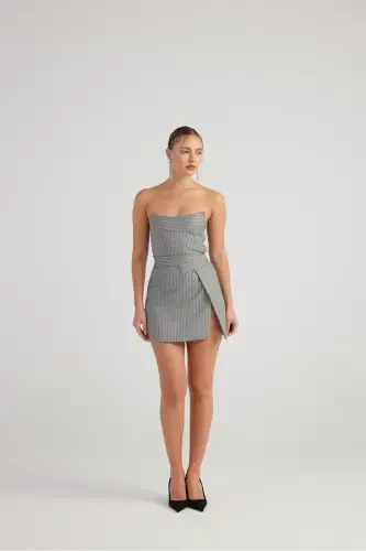 Slit Asymmetric Waist Glitter Striped Eden Mini Skirt Grey - 5