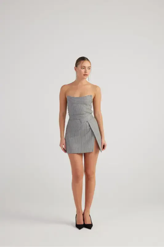 Slit Asymmetric Waist Glitter Striped Eden Mini Skirt Grey - 5