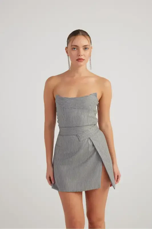 Slit Asymmetric Waist Glitter Striped Eden Mini Skirt Grey - 6