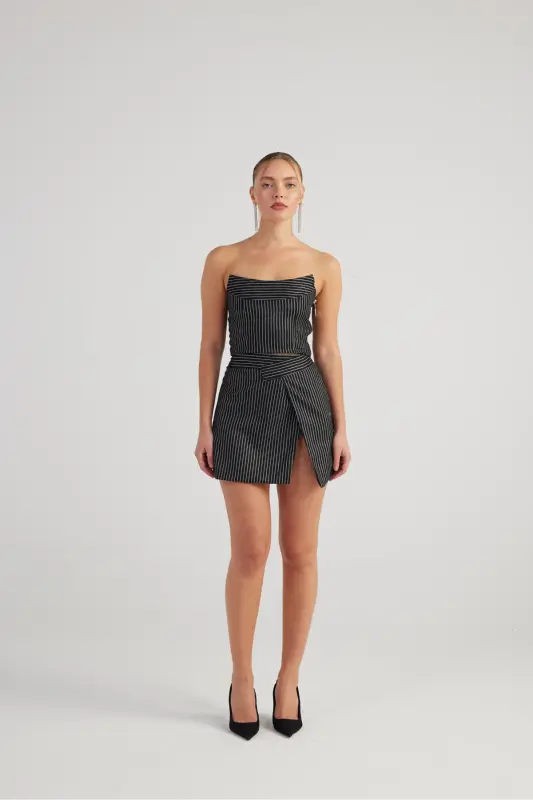 Slit Asymmetric Waist Glittery Striped Eden Mini Skirt Black - HOLLY LOLLY