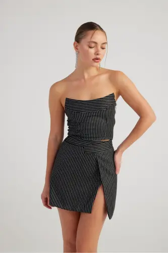 Slit Asymmetric Waist Glittery Striped Eden Mini Skirt Black - HOLLY LOLLY (1)