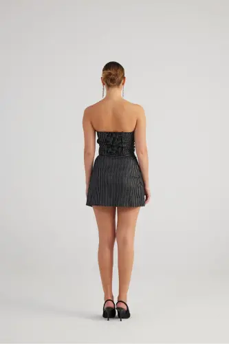 Slit Asymmetric Waist Glittery Striped Eden Mini Skirt Black - 3