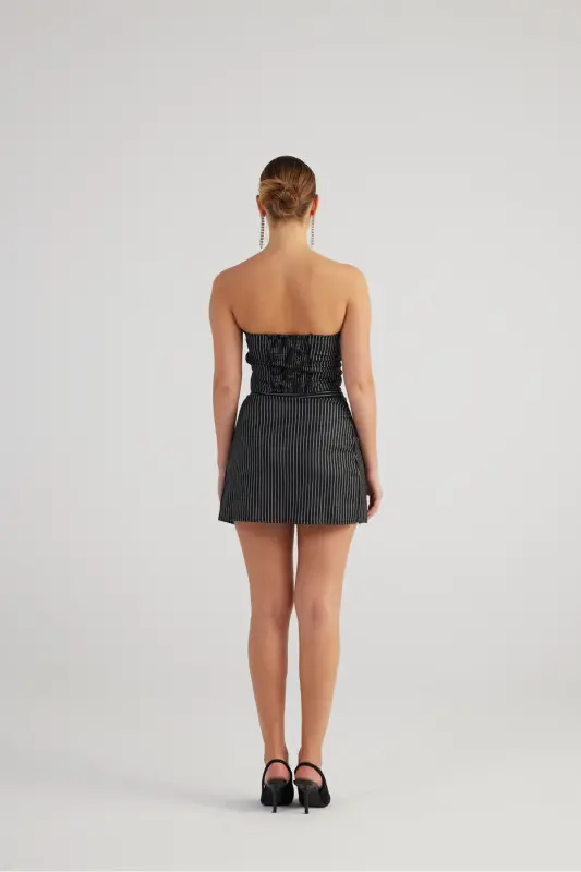 Slit Asymmetric Waist Glittery Striped Eden Mini Skirt Black - 3