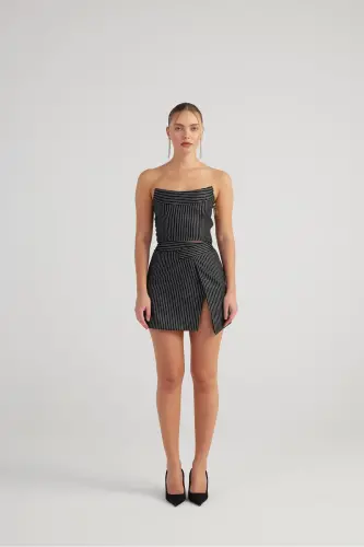 Slit Asymmetric Waist Glittery Striped Eden Mini Skirt Black - 5