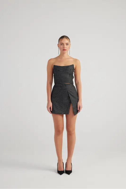 Slit Asymmetric Waist Glittery Striped Eden Mini Skirt Black - 5