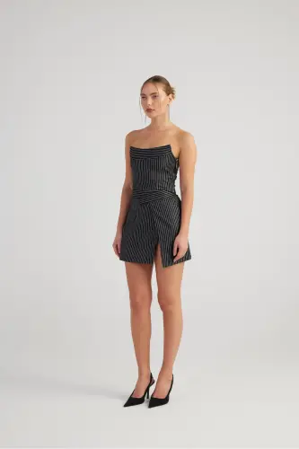 Slit Asymmetric Waist Glittery Striped Eden Mini Skirt Black - 6