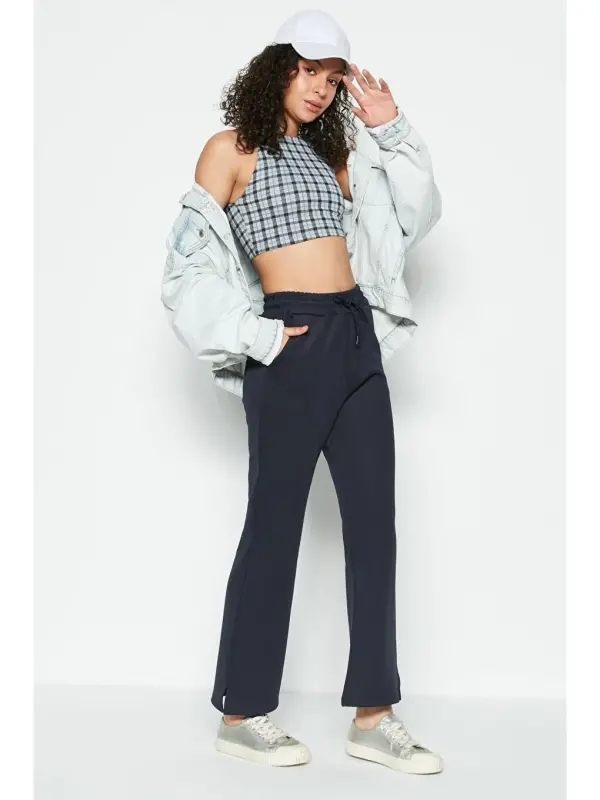 Slit Detail Flared Leg Sweatpants 843 Navy-Navy - 2