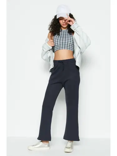 Slit Detail Flared Leg Sweatpants 843 Navy-Navy 