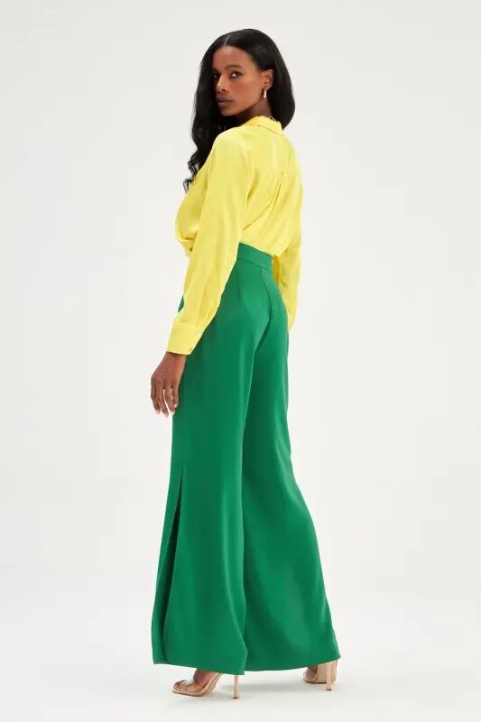 Slit Detail Satin Trousers - Emerald - EMERALD - 6