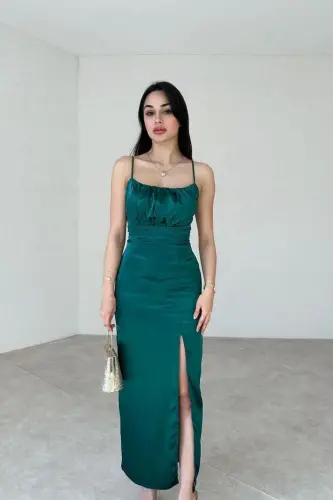 SLIT DETAIL STRAPPY SATIN DRESS-EMERALD - 1