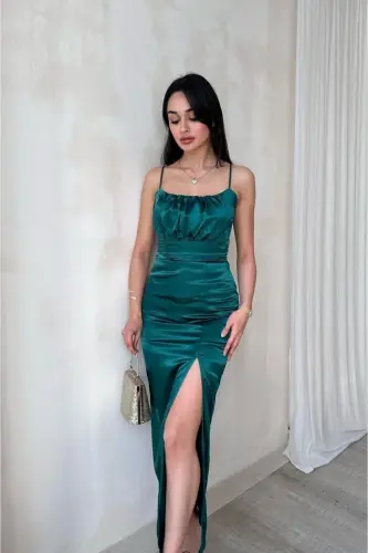 SLIT DETAIL STRAPPY SATIN DRESS-EMERALD - 3