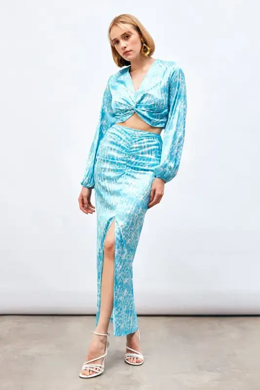 Slit Detailed Patterned Midi Skirt - TURQUOISE - 1