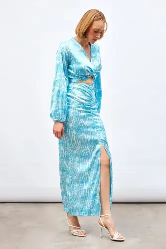 Slit Detailed Patterned Midi Skirt - TURQUOISE - 4