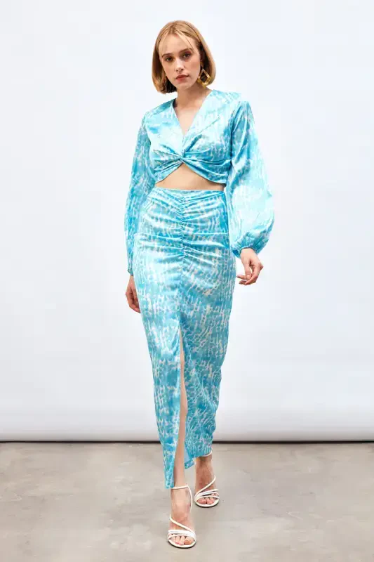 Slit Detailed Patterned Midi Skirt - TURQUOISE - 5