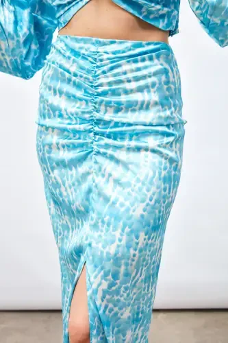 Slit Detailed Patterned Midi Skirt - TURQUOISE - 6