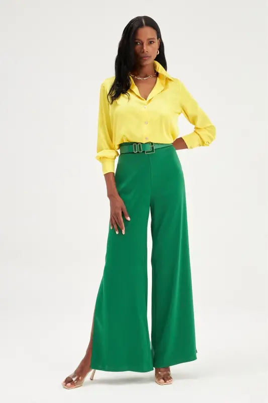 Slit Detailed Satin Pants - Emerald-EMERALD - 1