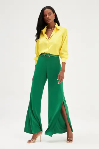 Slit Detailed Satin Pants - Emerald-EMERALD - SATEEN (1)