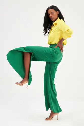 Slit Detailed Satin Pants - Emerald-EMERALD - 3