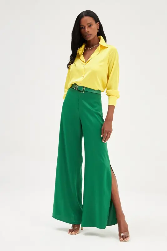 Slit Detailed Satin Pants - Emerald-EMERALD - 4