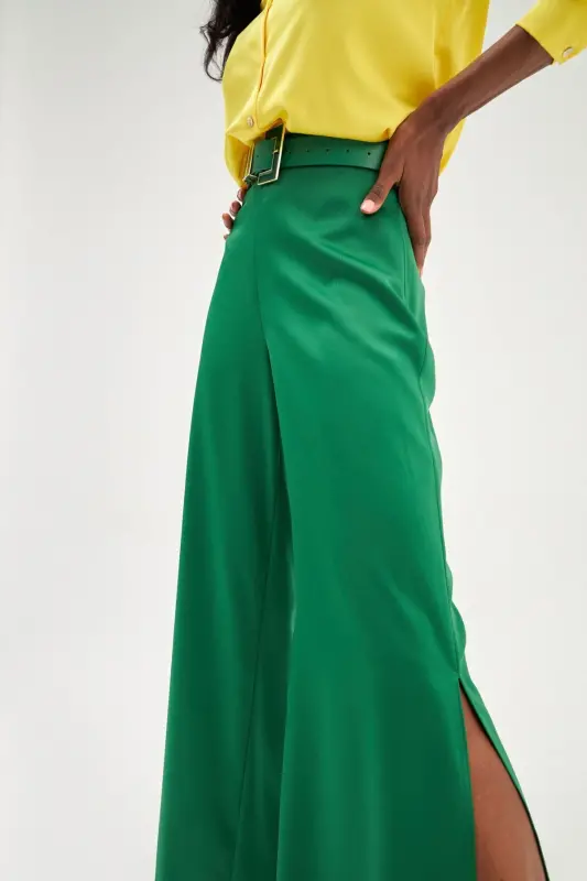 Slit Detailed Satin Pants - Emerald-EMERALD - 5