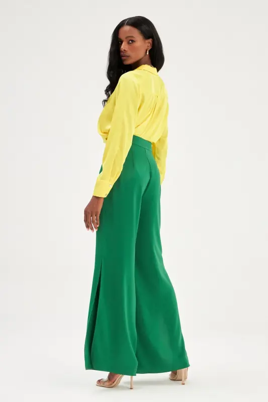 Slit Detailed Satin Pants - Emerald-EMERALD - 6