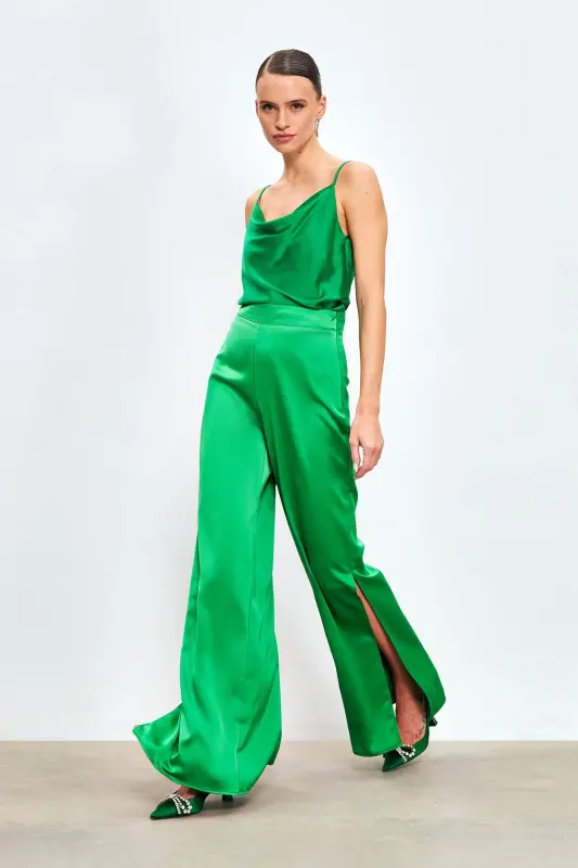 Slit Detailed Satin Pants - Green-GREEN - 2