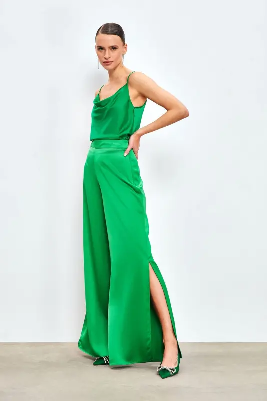 Slit Detailed Satin Pants - Green-GREEN - 3