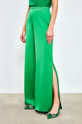 Slit Detailed Satin Pants - Green-GREEN - 5