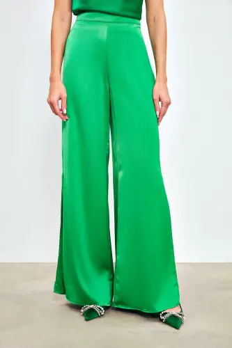 Slit Detailed Satin Pants - Green-GREEN - 6