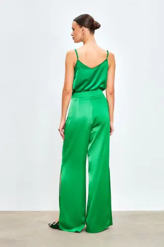 Slit Detailed Satin Pants - Green-GREEN - 7